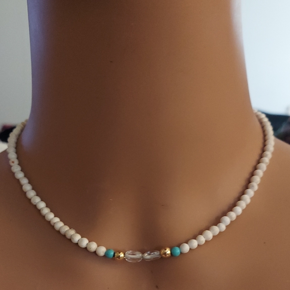 Handcrafted White Turquoise Clear & Gold Beaded Choker Necklace